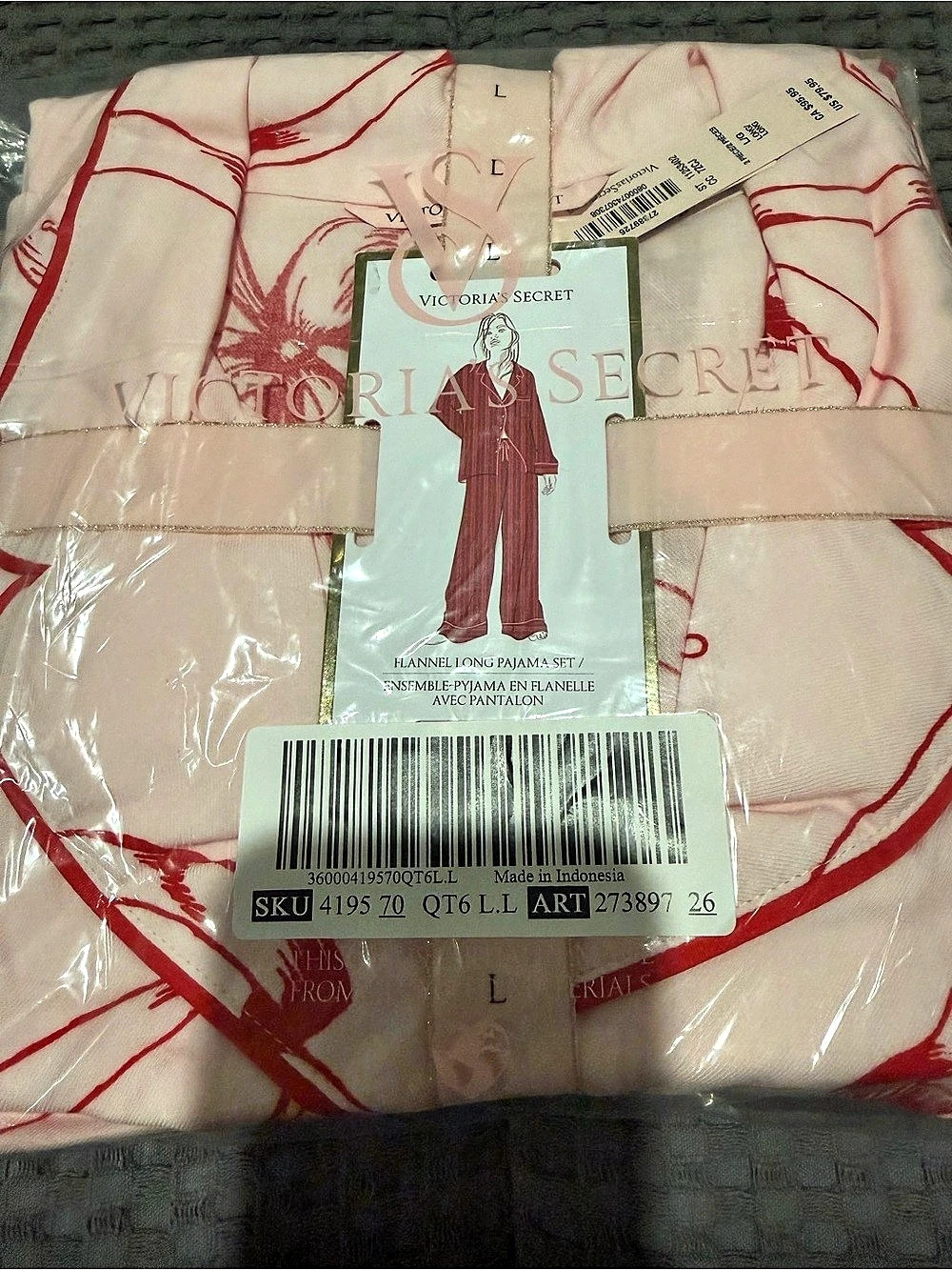 Victoria's Secret Flannel Long Pajama Set Pink & Red Size Large